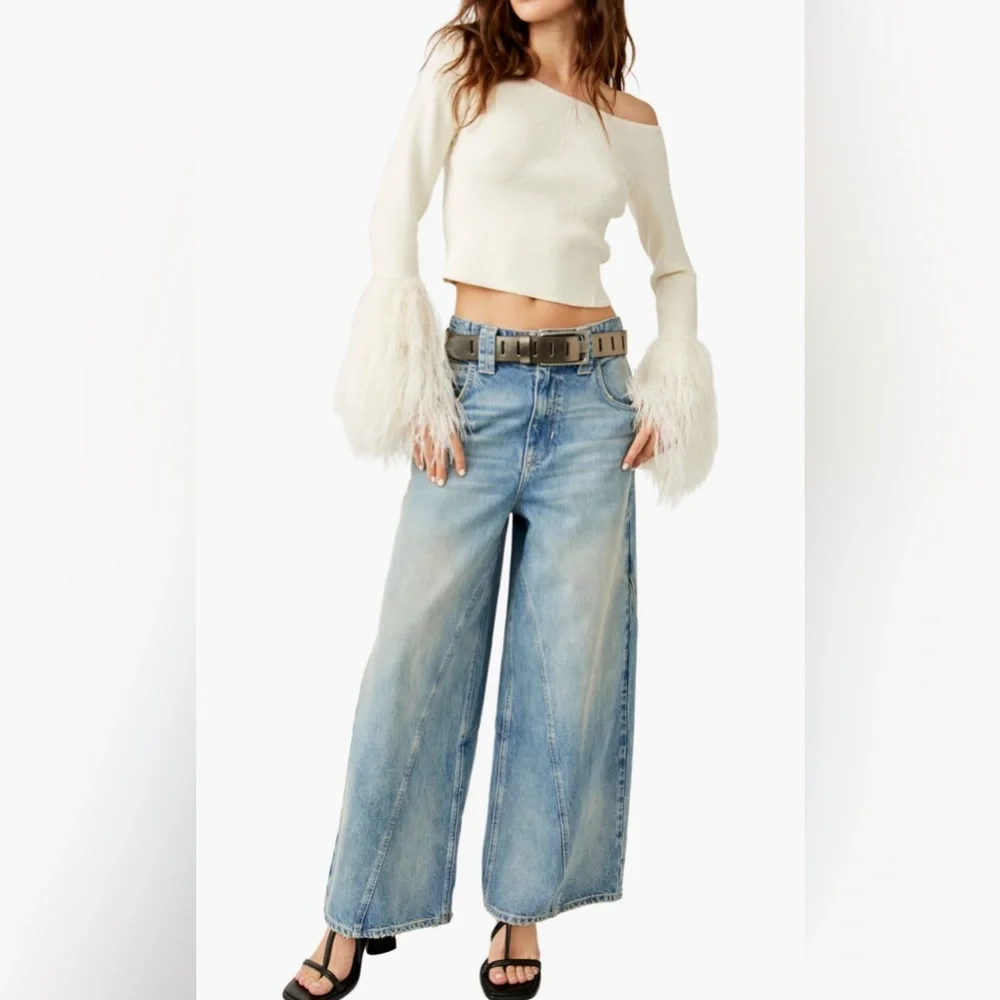 Free People Marilyn Faux Feather Trim Off the Shoulder Crop Sweater - Picture 10 of 10